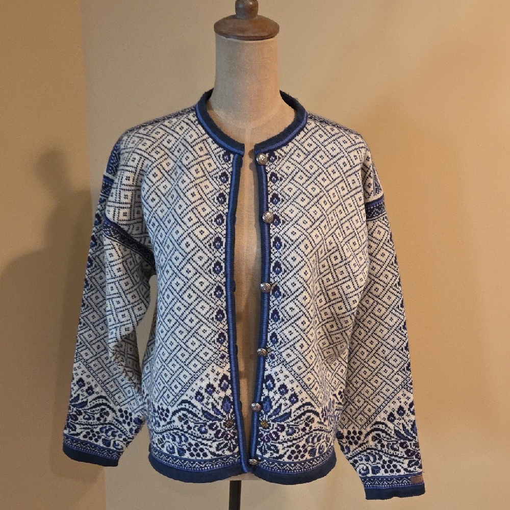 Dale of Norway Blue and White Patterned Knit Cardigan